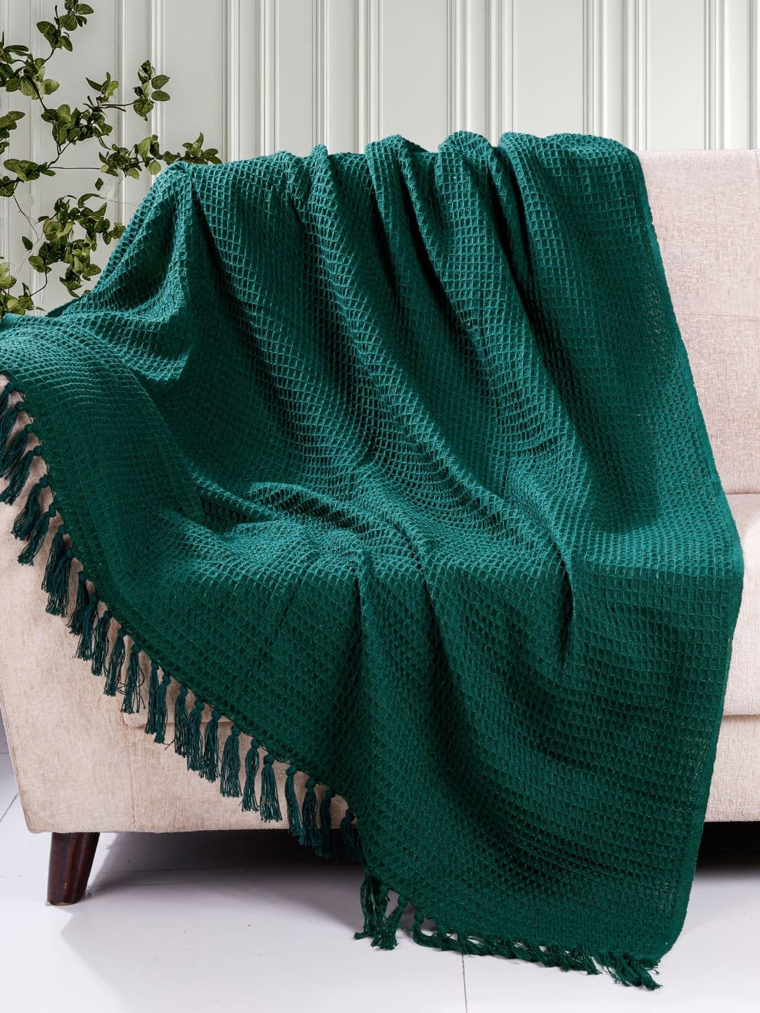 Waffle Weave Cotton Green Throw