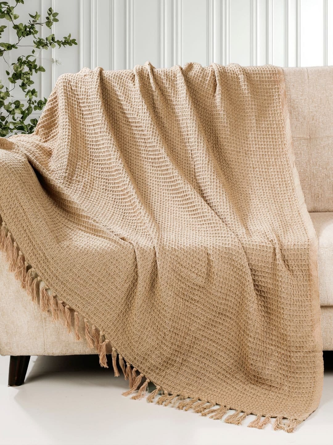 Waffle Weave Cotton Beige Throw