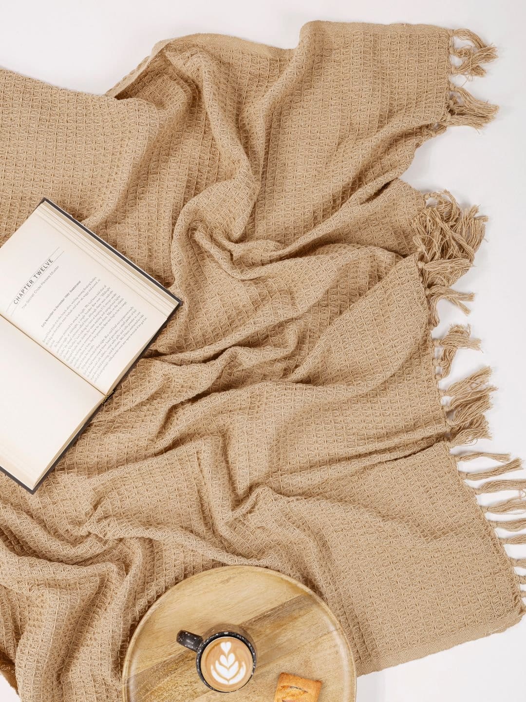 Waffle Weave Cotton Beige Throw - Image 3