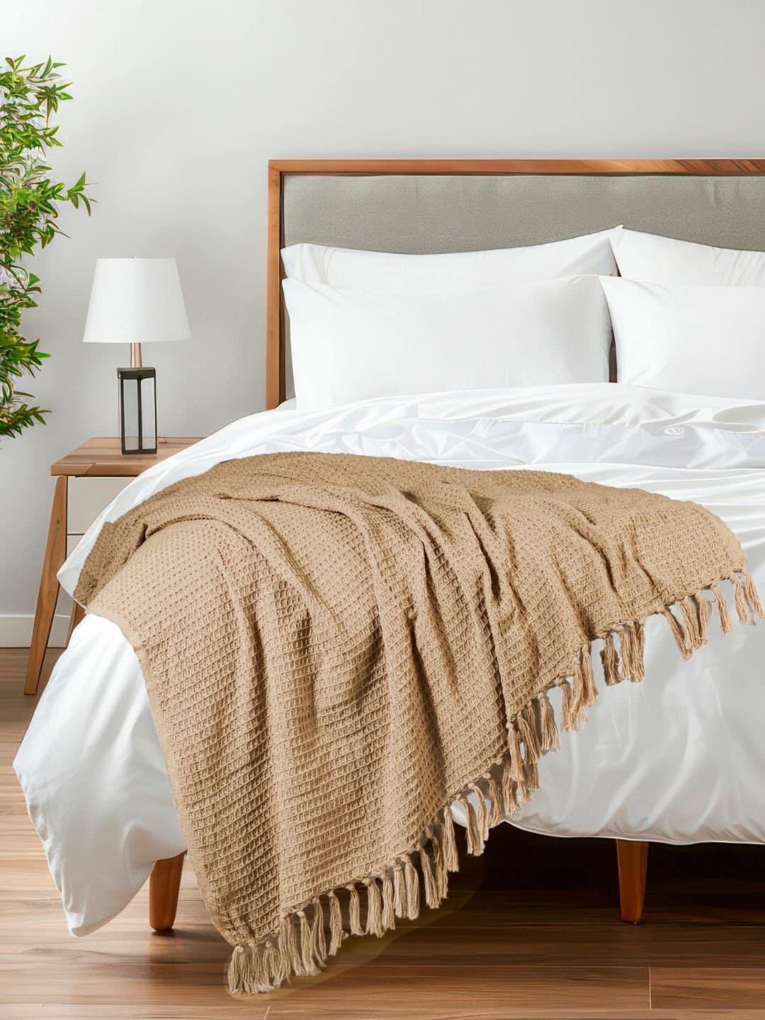 Waffle Weave Cotton Beige Throw - Image 5