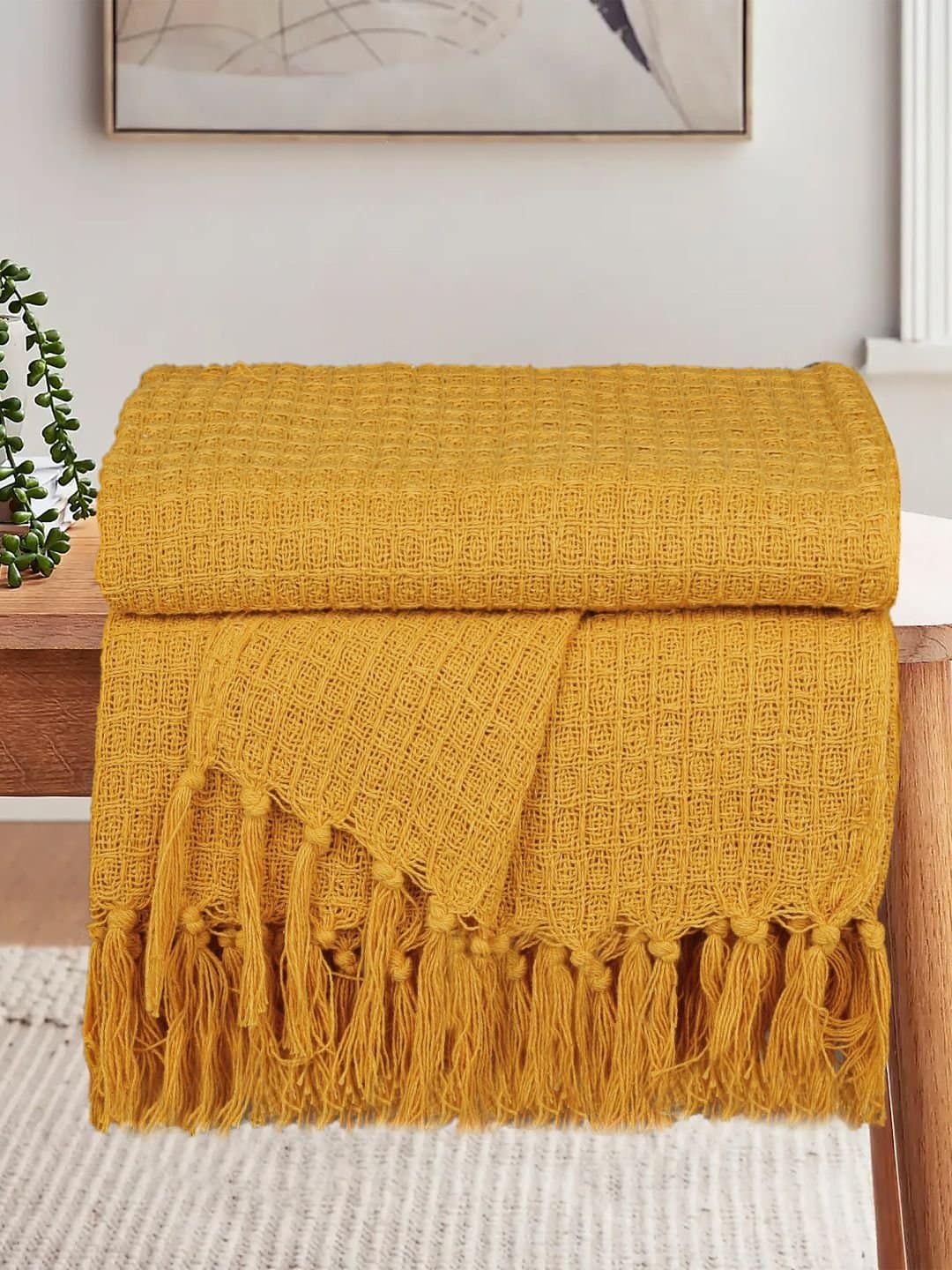 Waffle Weave Cotton Yellow Throw - Image 4