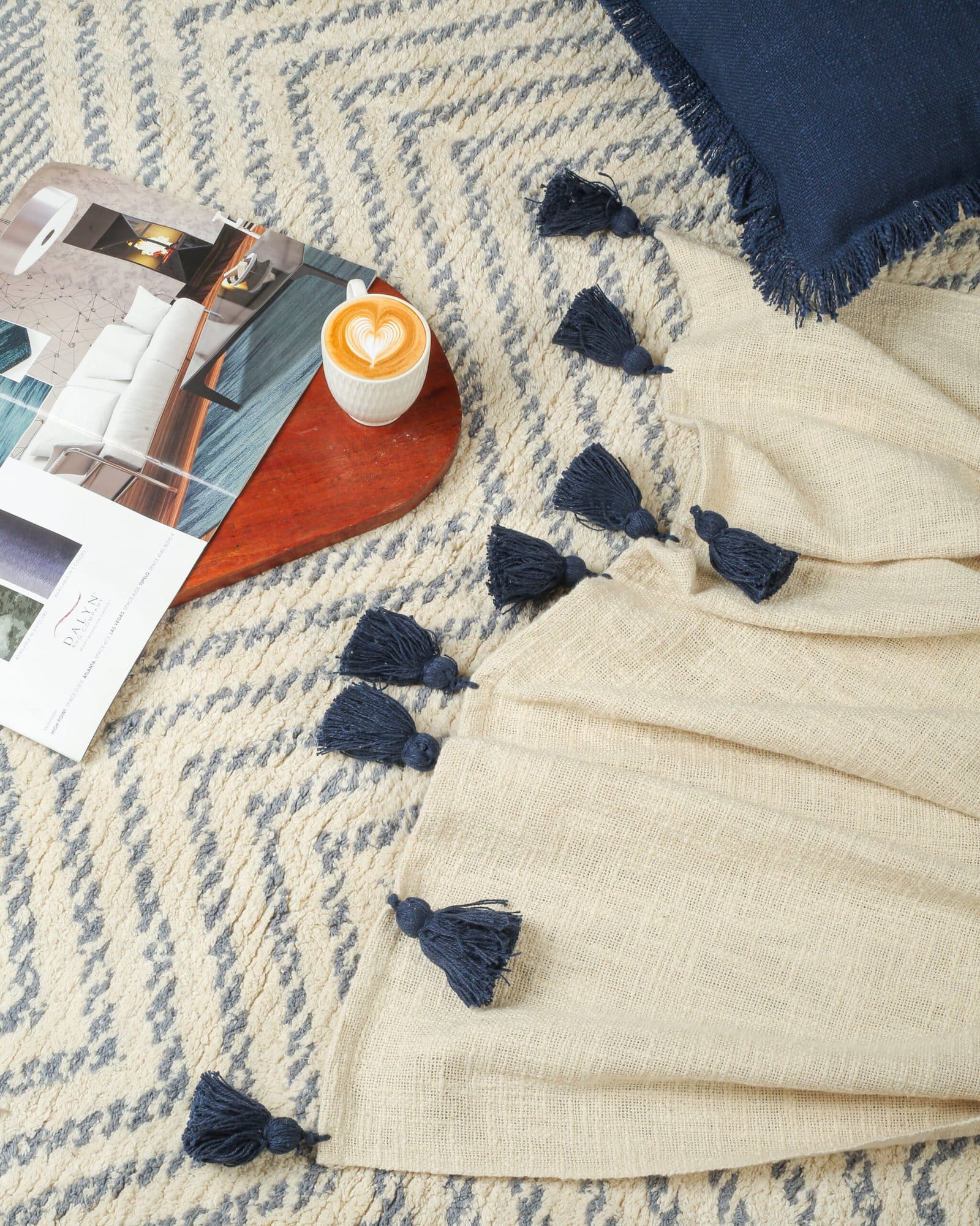 Cotton Off White NavyBlue Throw Blanket