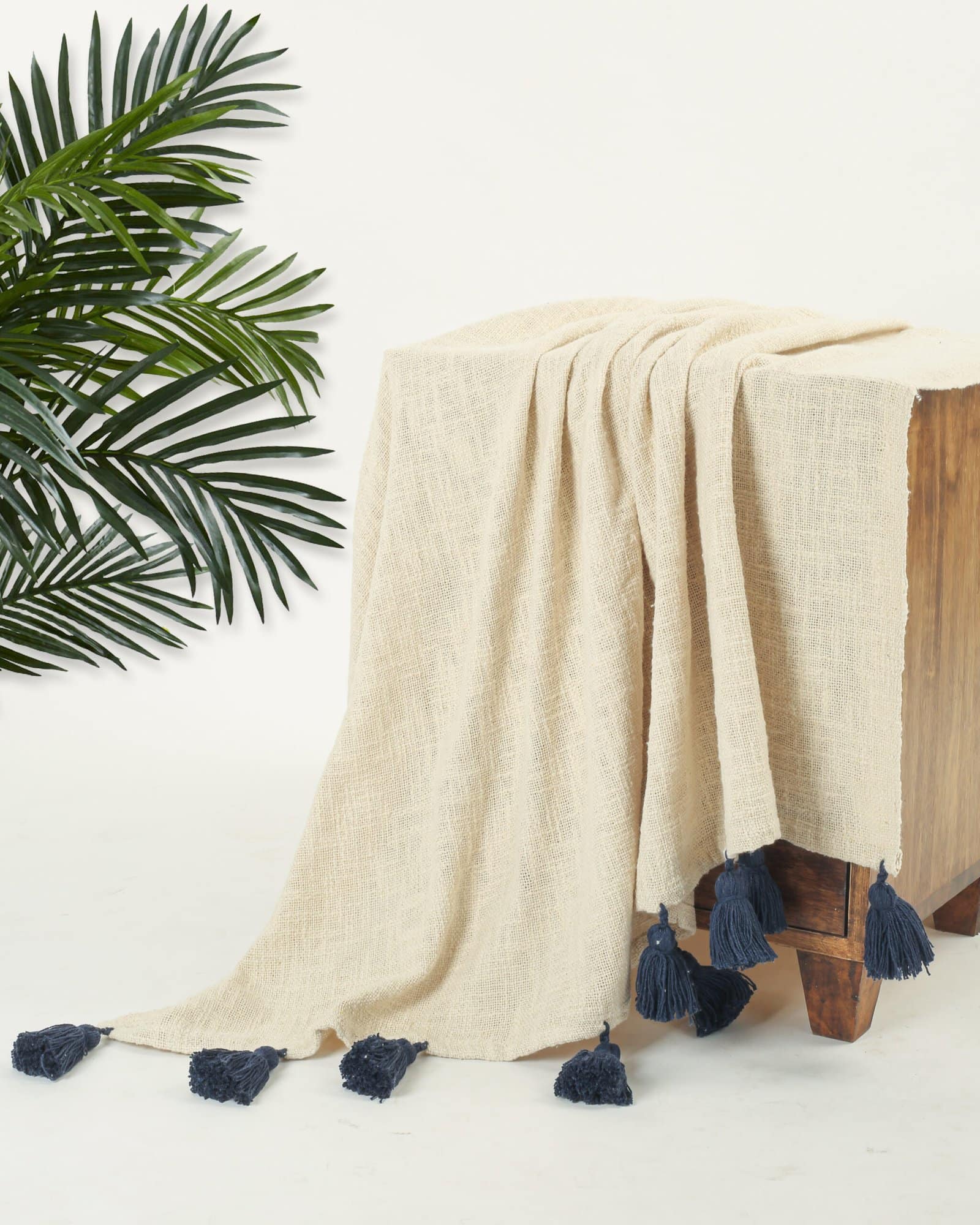 Cotton Off White NavyBlue Throw Blanket - Image 2