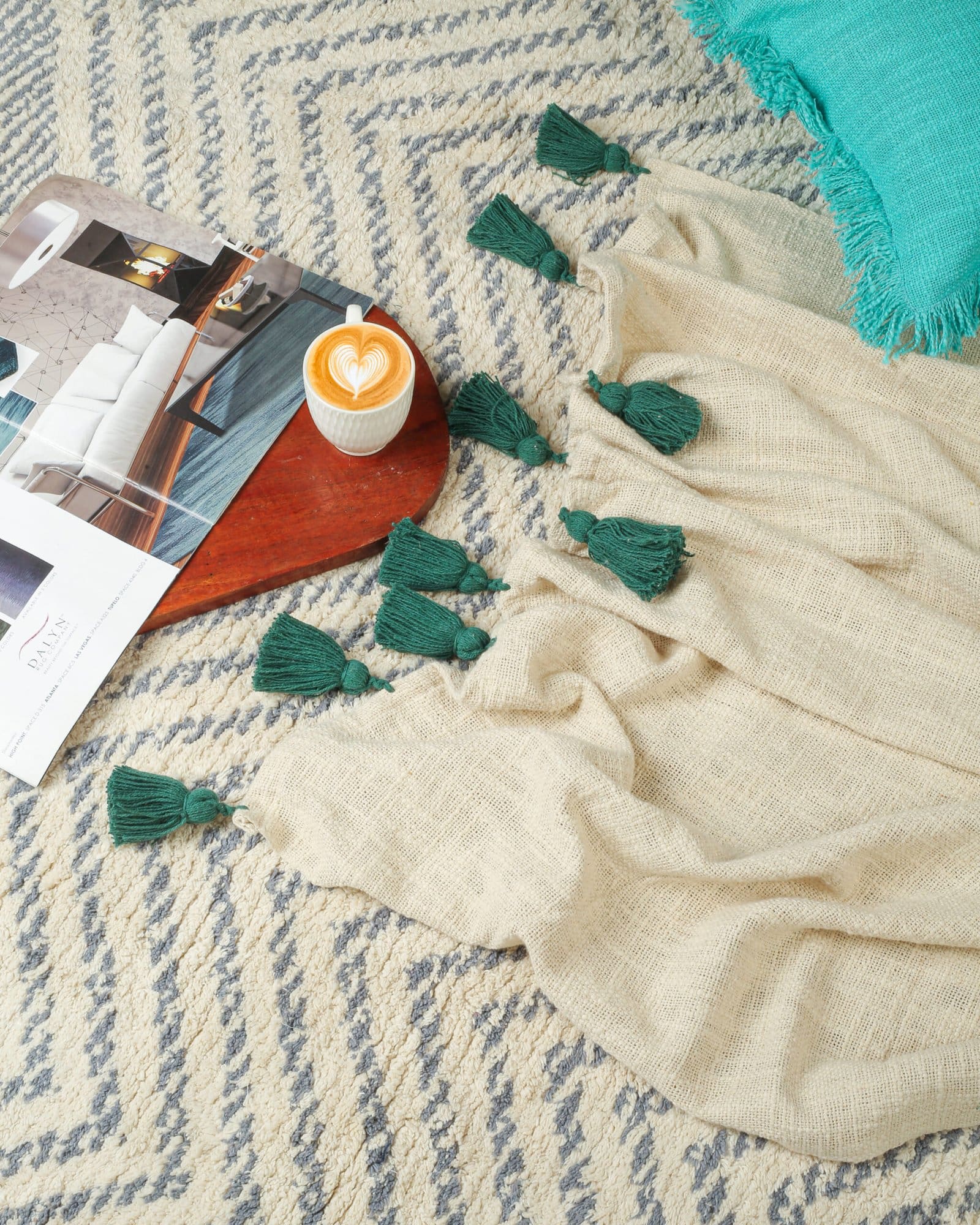 Cotton OffWhite Green Throw Blanket