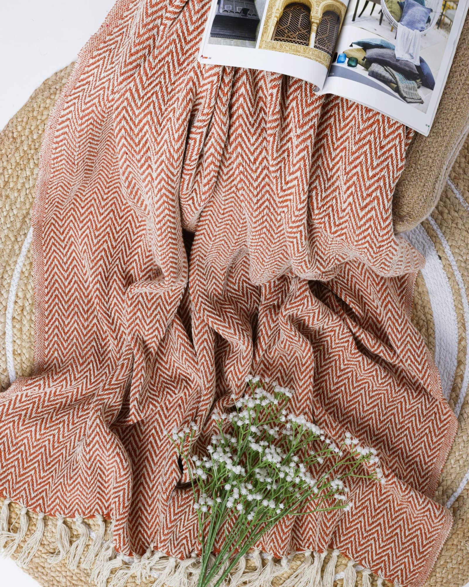 All Season Cotton Orange Weaved Throw