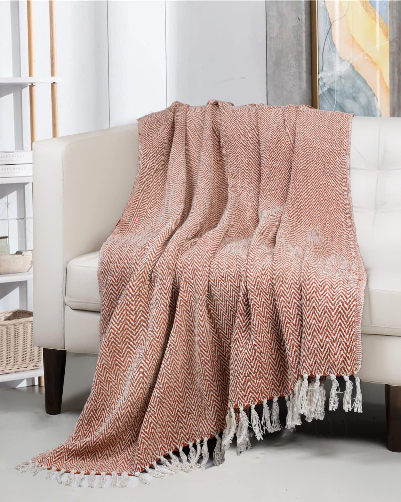 All Season Cotton Orange Weaved Throw - Image 2