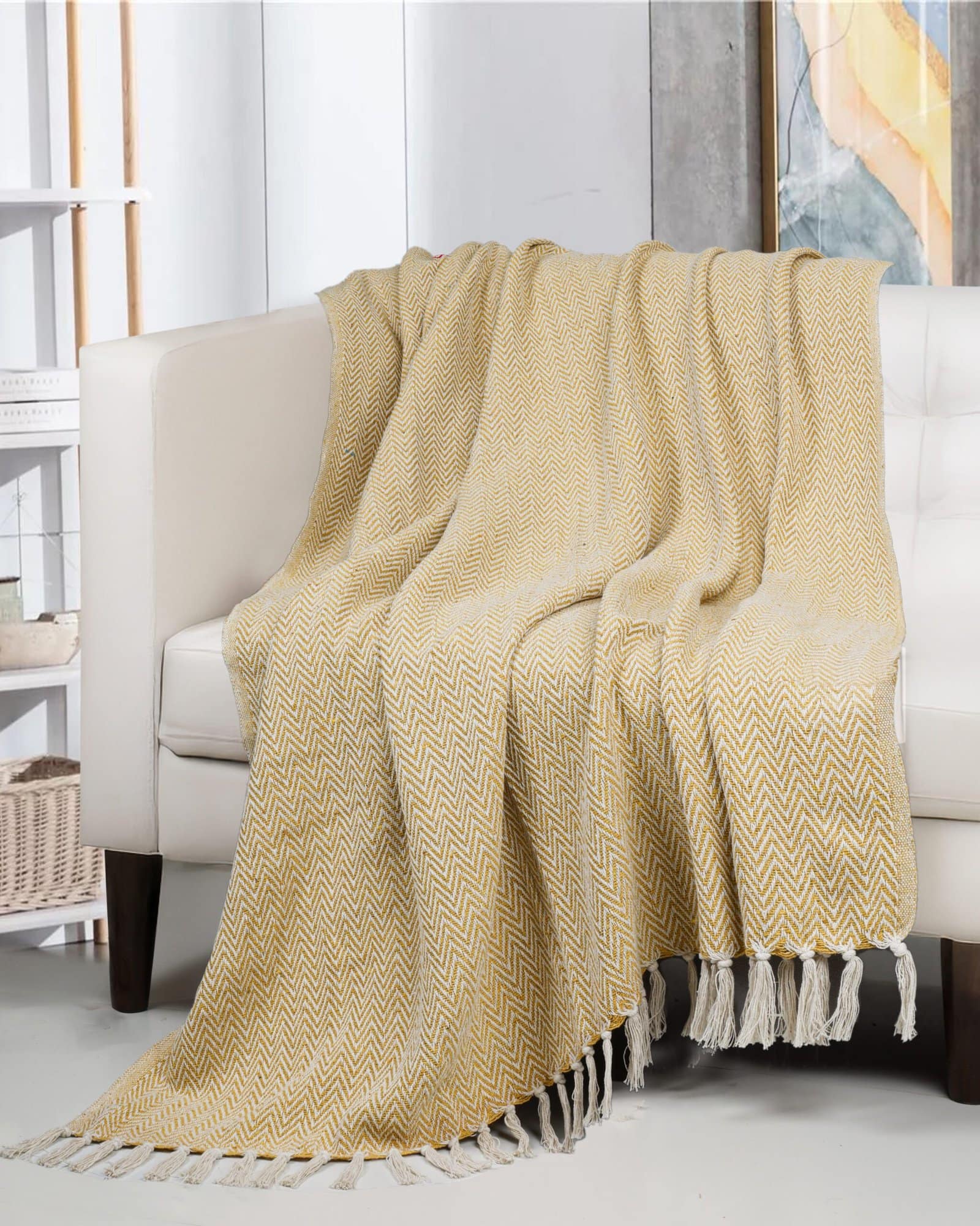 All Season Cotton Yellow Weaved Throw - Image 4