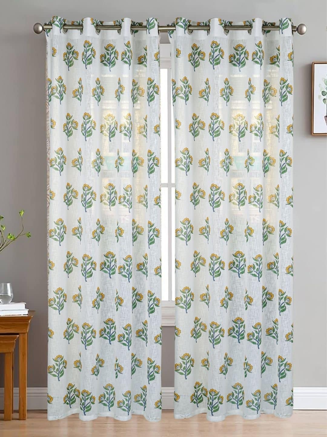 Printed Linen Yellow Flower Sheer Curtains - Image 3