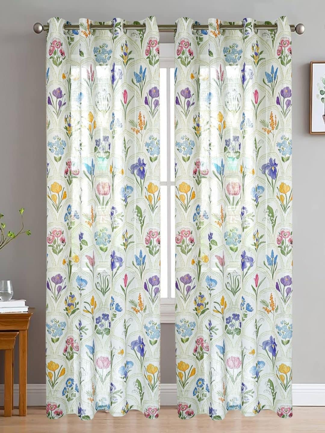 Printed Multicolor Flower Design Sheer Curtains - Image 2