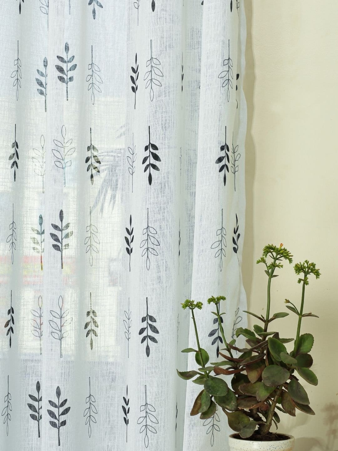 Printed Linen Green Leaves Sheer Curtains - Image 4