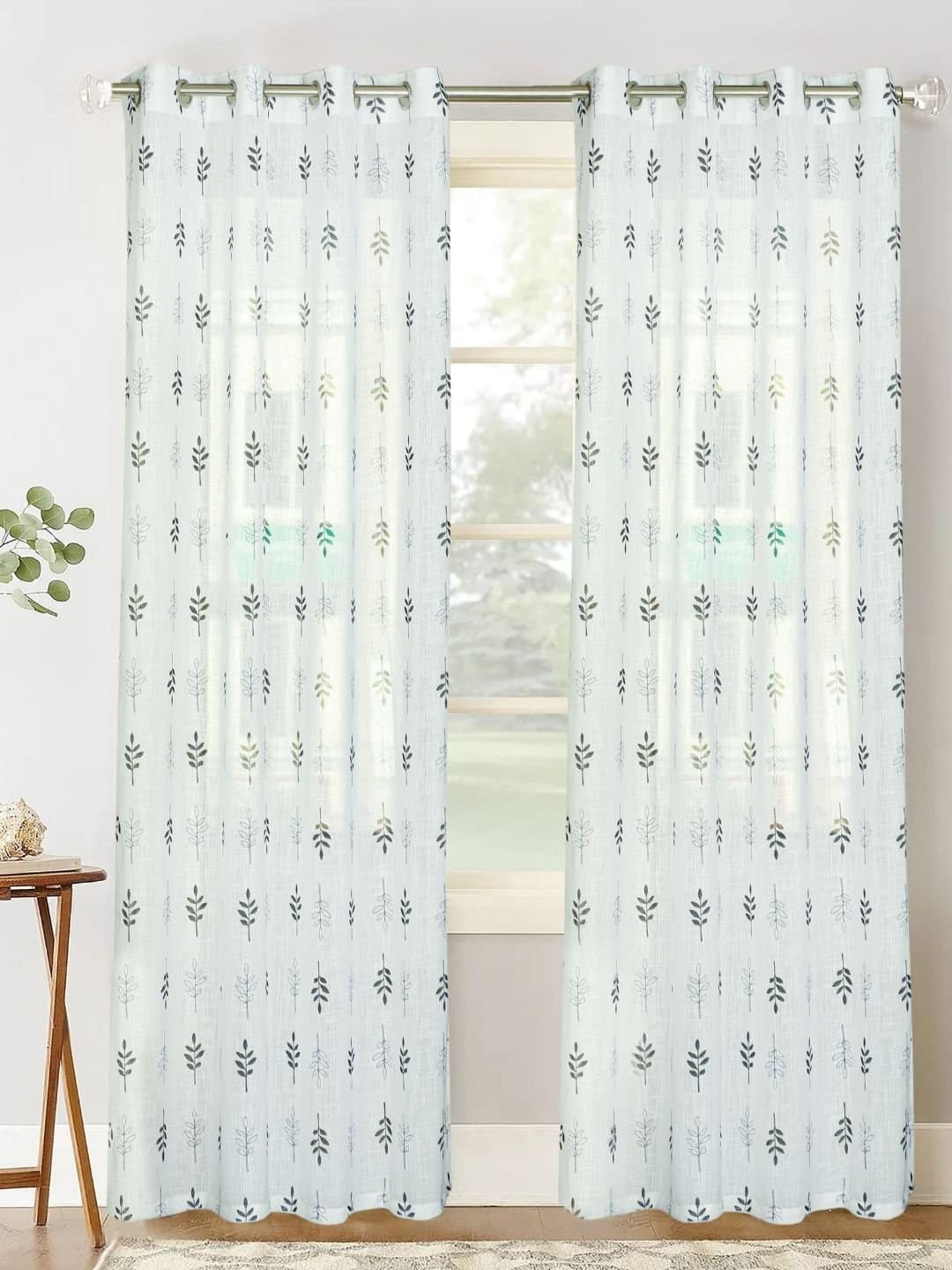 Printed Linen Green Leaves Sheer Curtains - Image 5