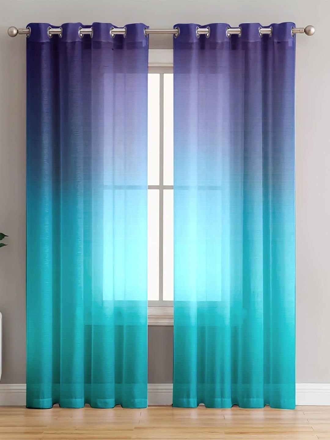 Printed Linen Purple-Teal Sheer Curtains - Image 2