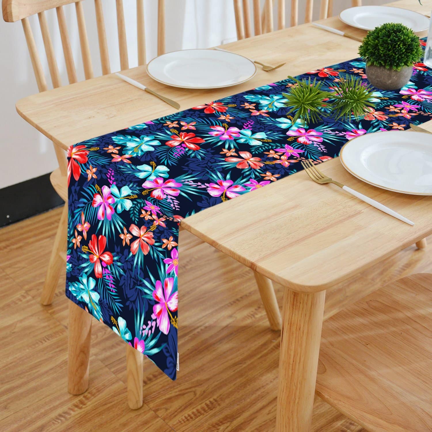Digital NavyBlue Flower Design Table Runner