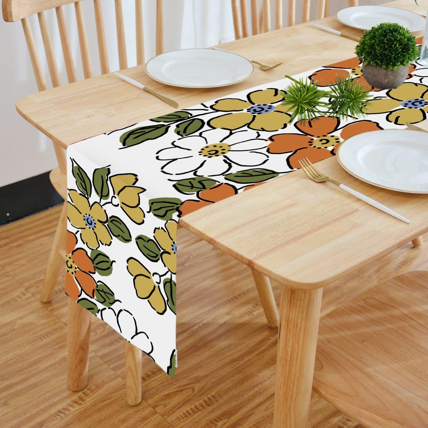 Digital Printed White-Flowers Table Runner
