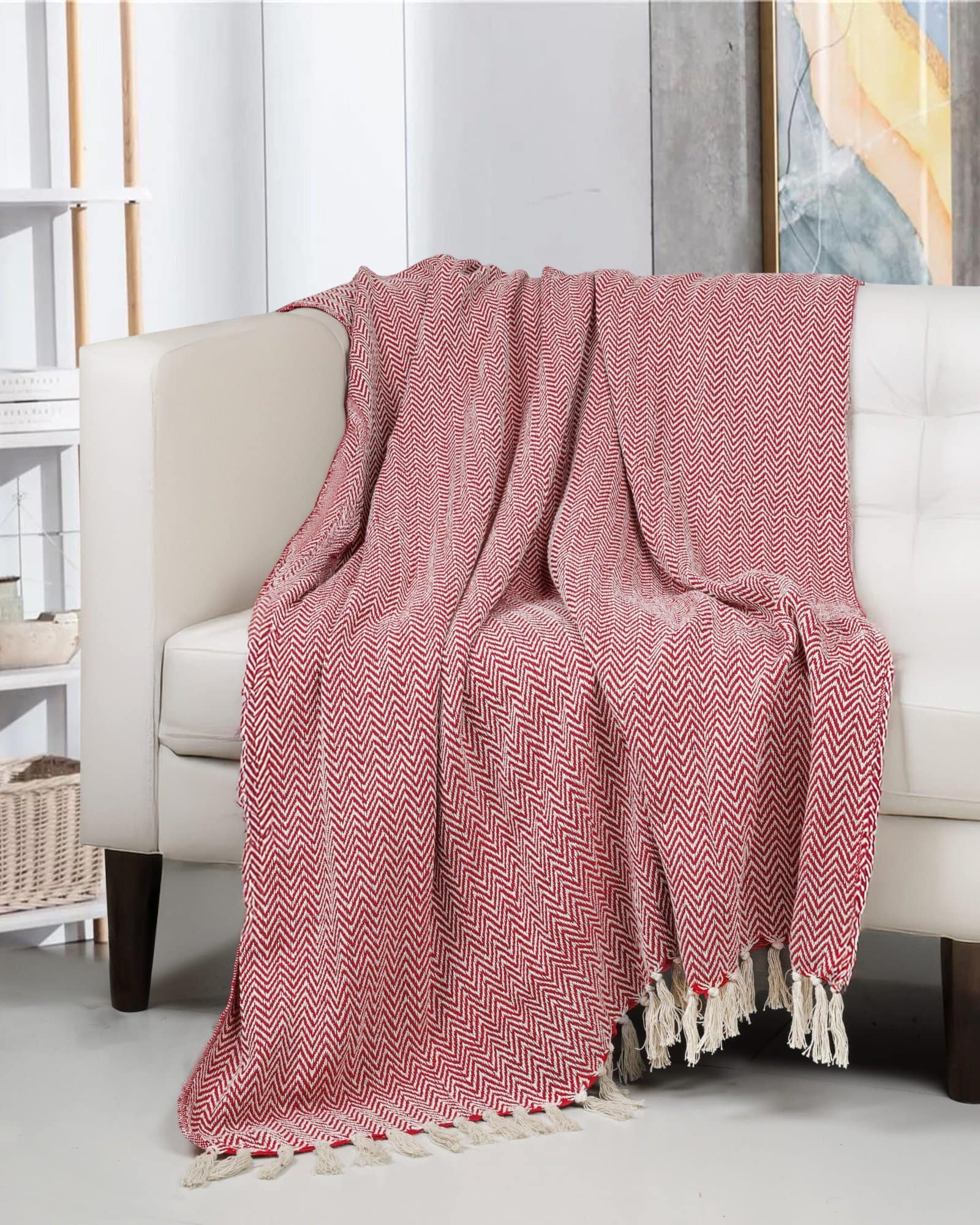 All Season Cotton Red Weaved Throw - Image 4